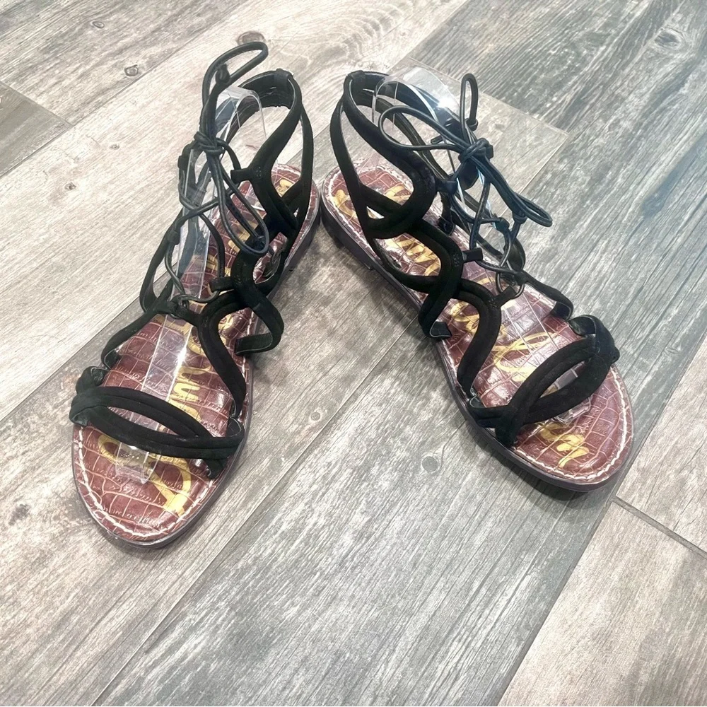 Sam Edelman Sandals Womens 10 Gemma Black Suede Leather Gladiator Lace Up Shoes